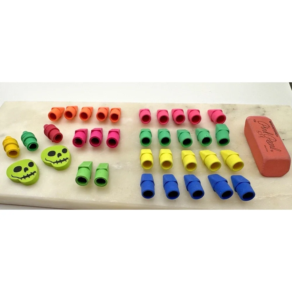 Pencil Top Erasers Lot Teacher Reward Box Novelty Skull Crayon Erasers Pink Pear